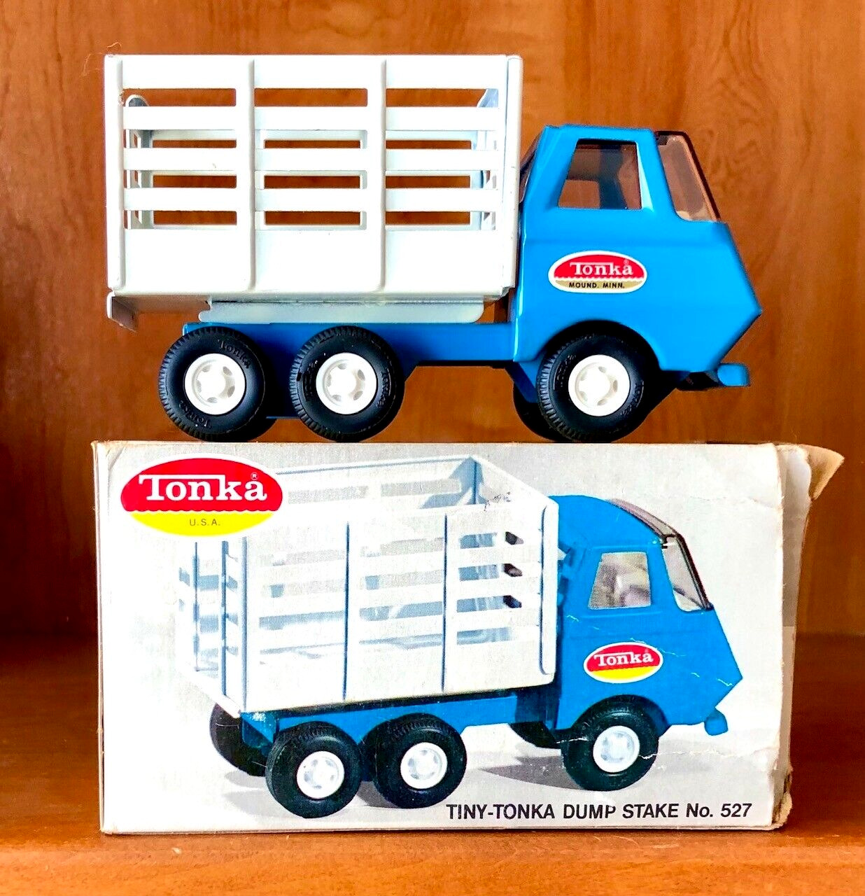 Tiny Tonka Stake Truck No. 527 Blue And White Tilt Bed Dump with Original Box