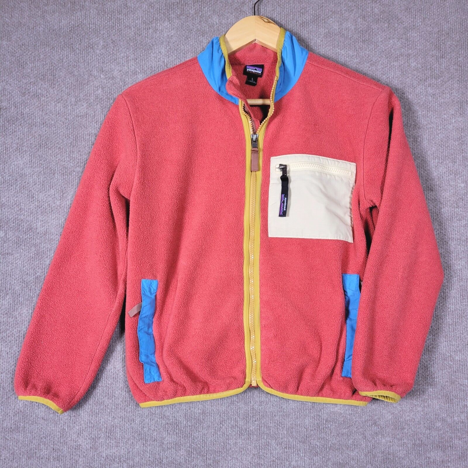 PATAGONIA Jacket Kids Large/12 Synchilla Fleece Sumac Red Multicolor Zip Pockets