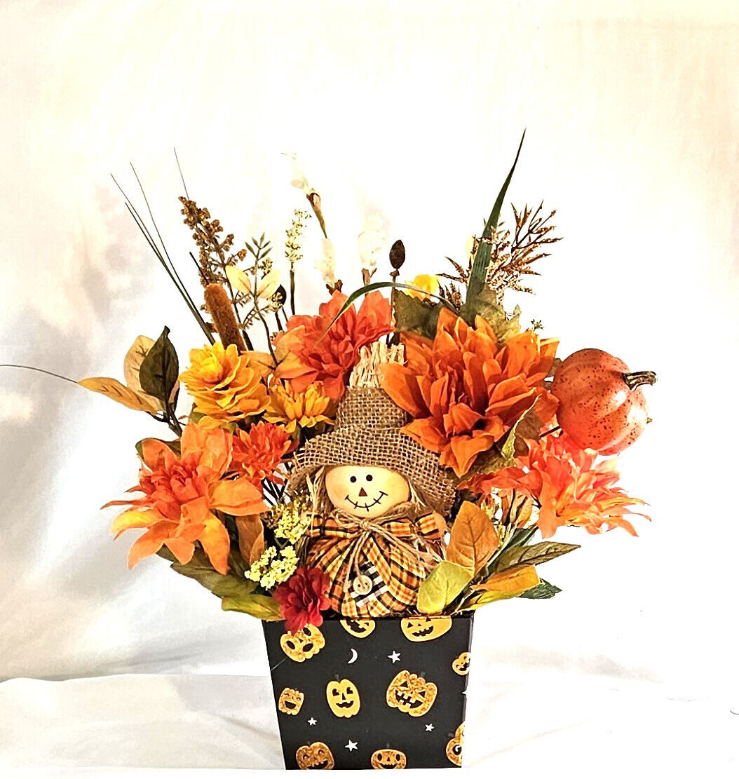 Eerie Elegance: Spooky Scarecrow Fall Flower Arrangement in Decor Pumpkin Box