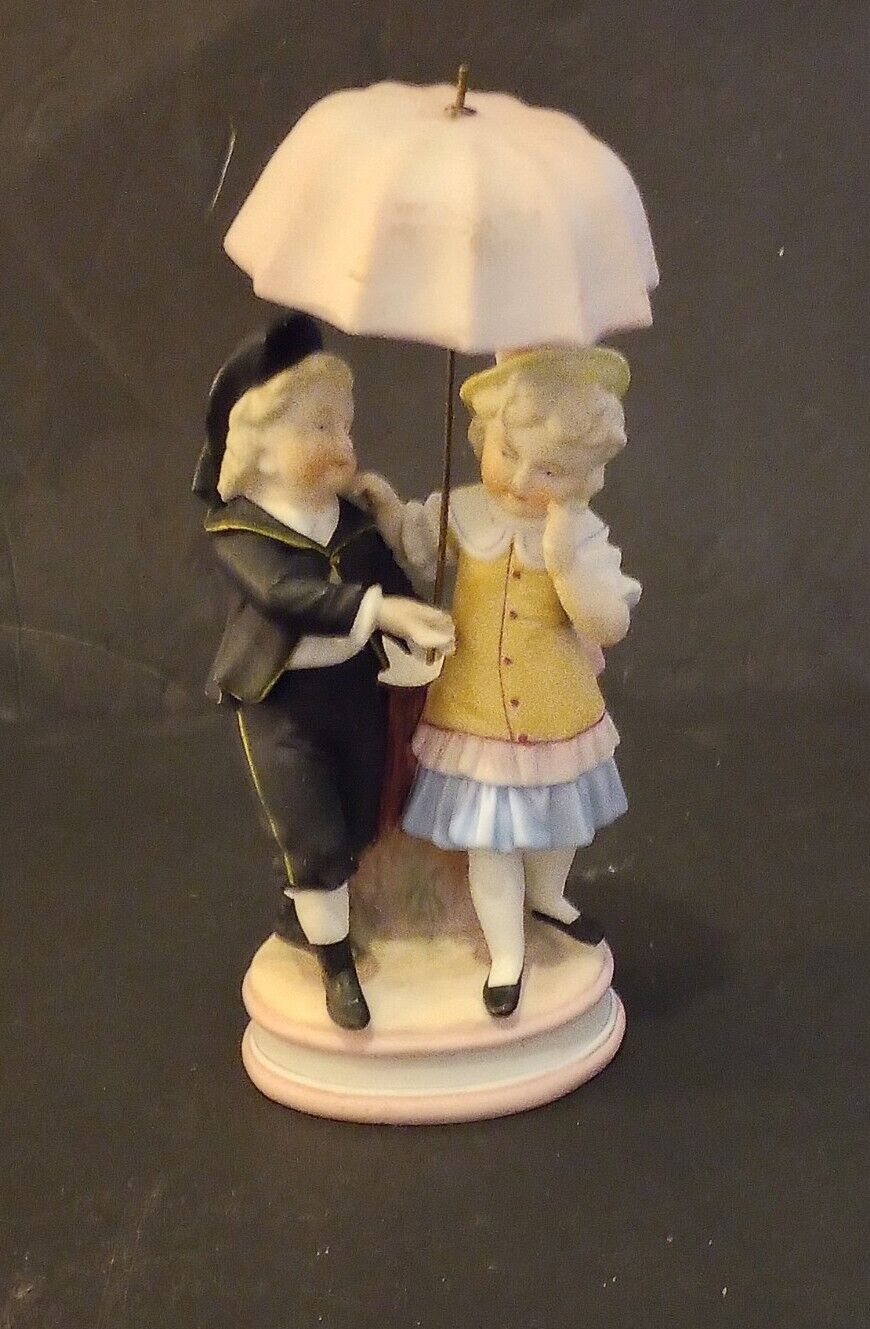  Antique German Bisque Figurine 2 Children W/Separate Umbrella Top Rare & Lovely