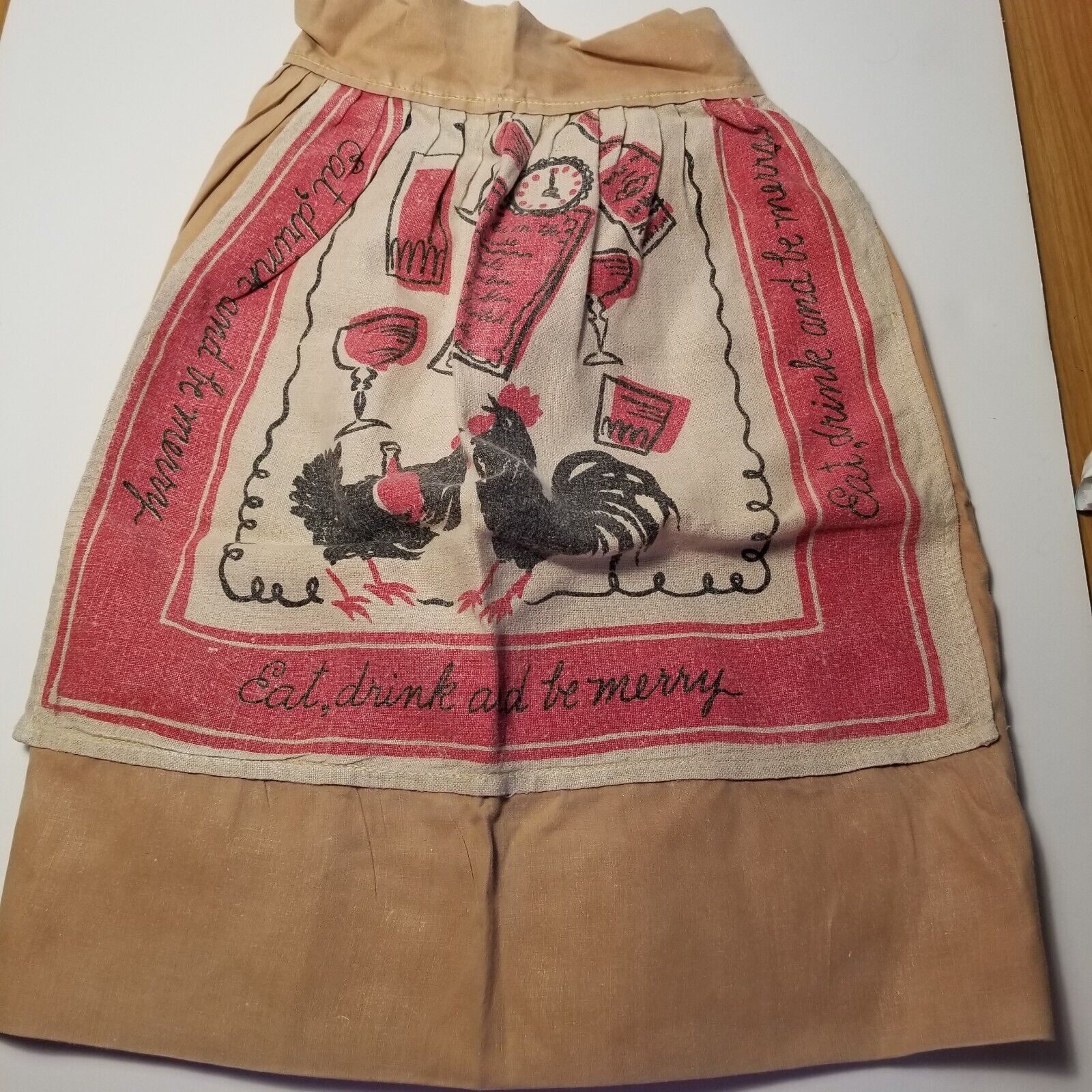  Half Apron w Eat, Drink Be Merry Chicken panel Brown w 2 pocket Kitch Homemade 