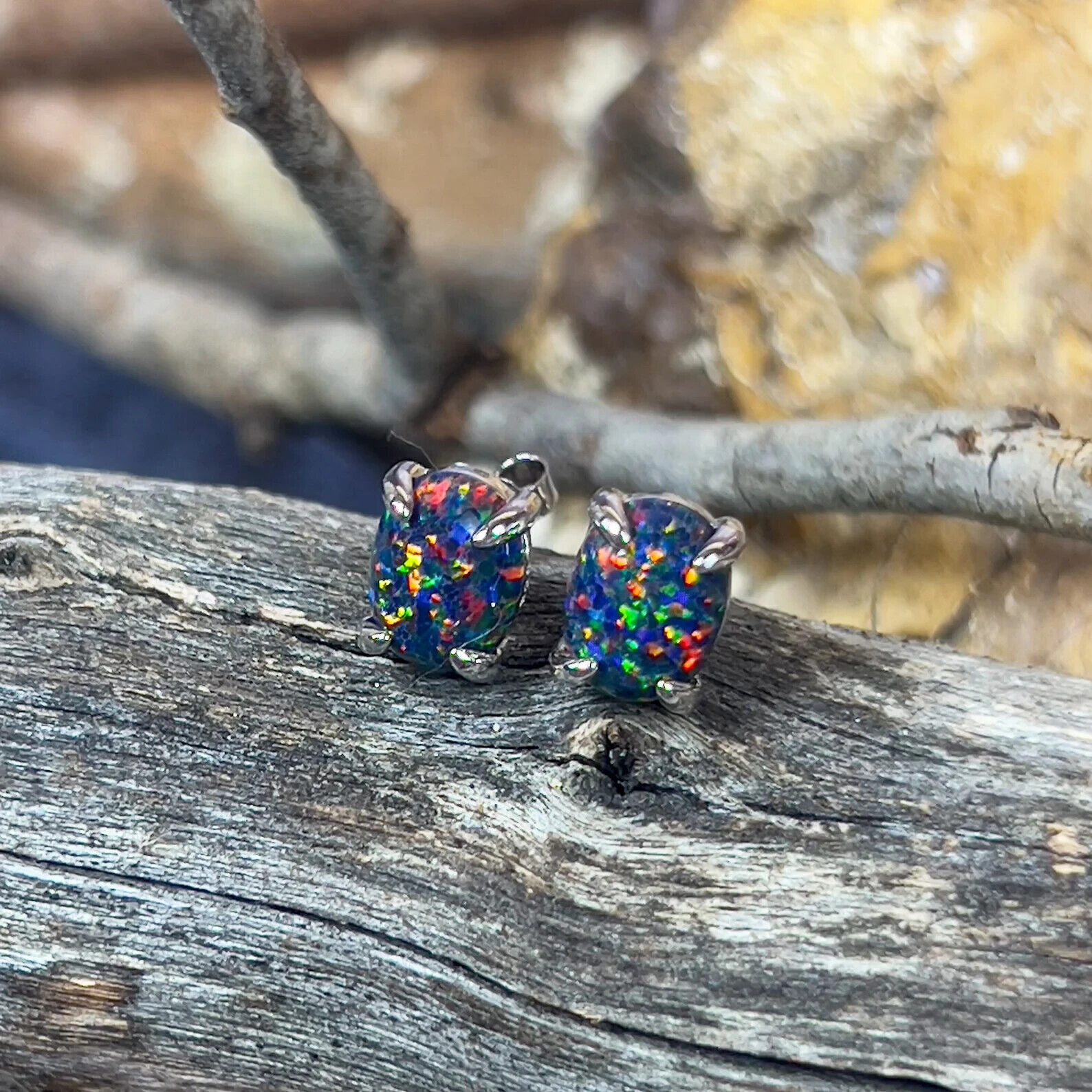 Black Opal Earrings - Solid Sterling Silver Handcrafted Jewelry studs Earrings