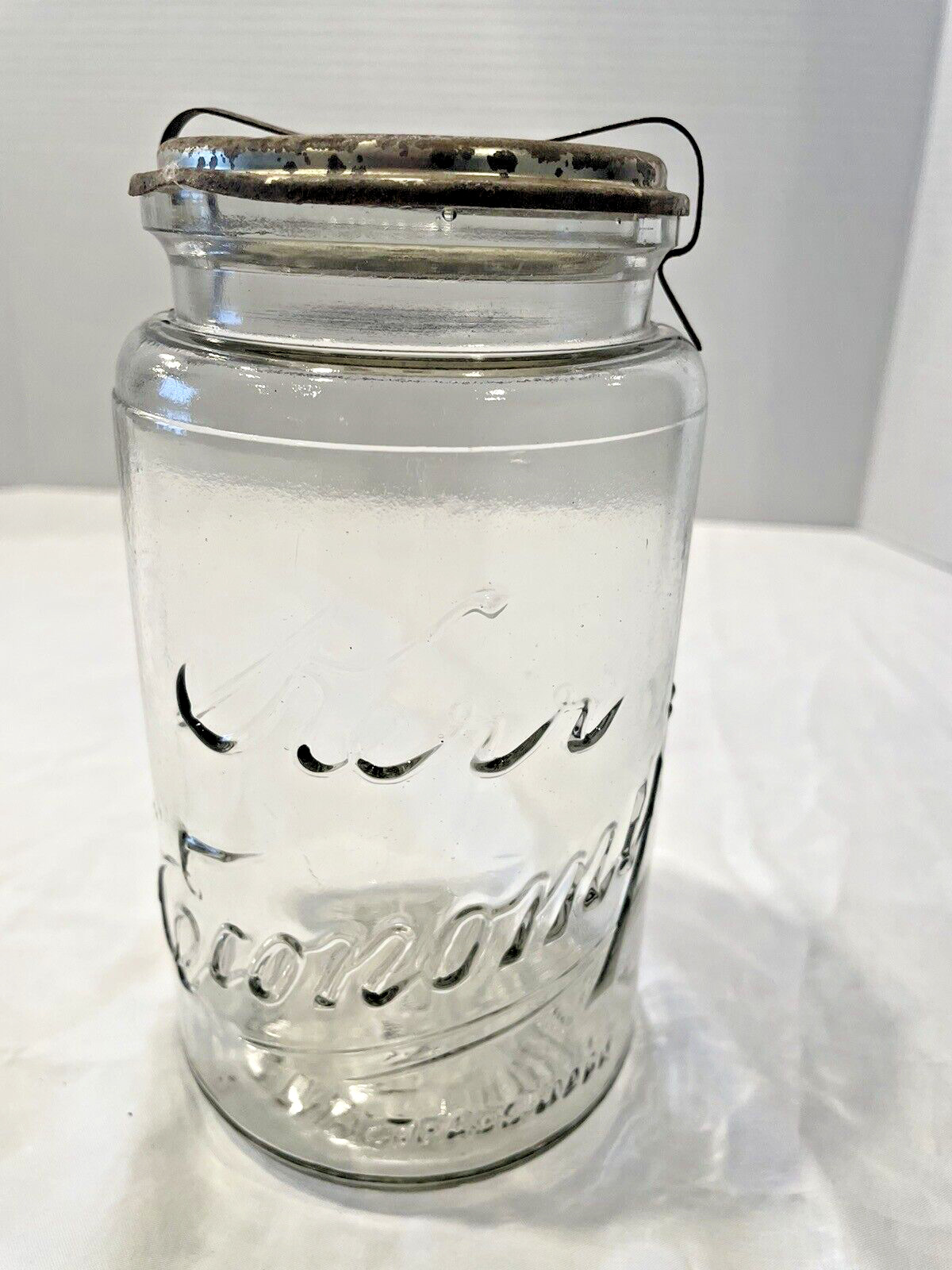 Vintage / Antique1920s Kerr Economy Round Glass Jar #5 w Metal Clamp Lid OKLA