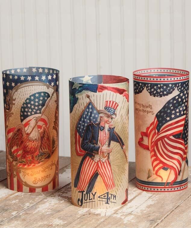 Bethany Lowe Americana Flag Uncle Sam Eagle Vintage Style Vellum Luminaries 6pcs
