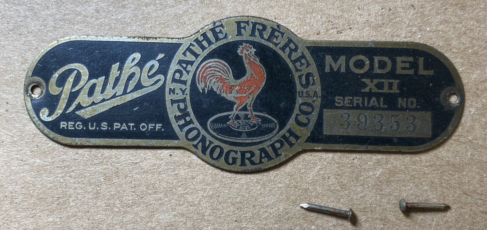 Antique Original Pathe Freses Phonograph Model XII Part: Nameplate Name Tag ID