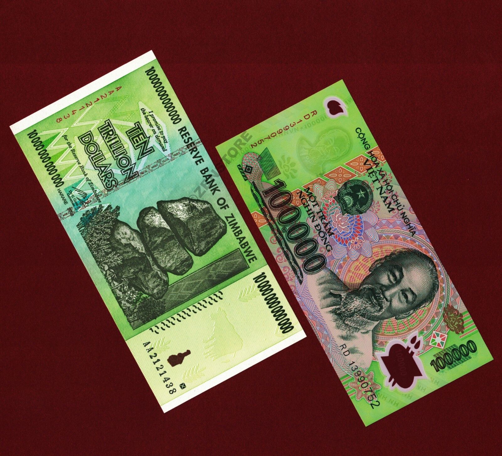 100,000 Vietnam Dong New Uncirculated + 10 Trillion Dollars Zimbabwe AA 2008 UNC