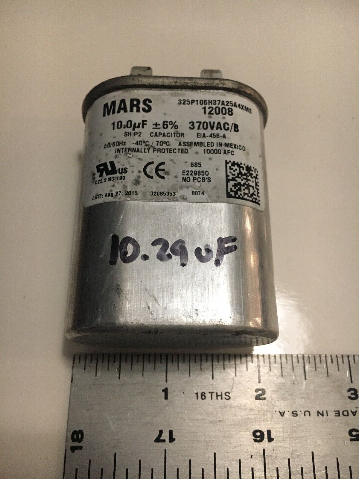 MARS 12008 10MFD +/- 6% 370VAC MOTOR RUN CAPACITOR OVAL