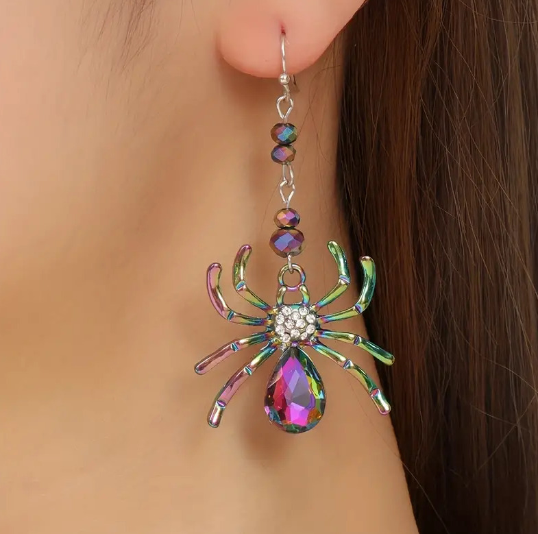 Halloween Colorful Rhinestone Spider Design Dangle Earrings Cute Fashion Jewelry