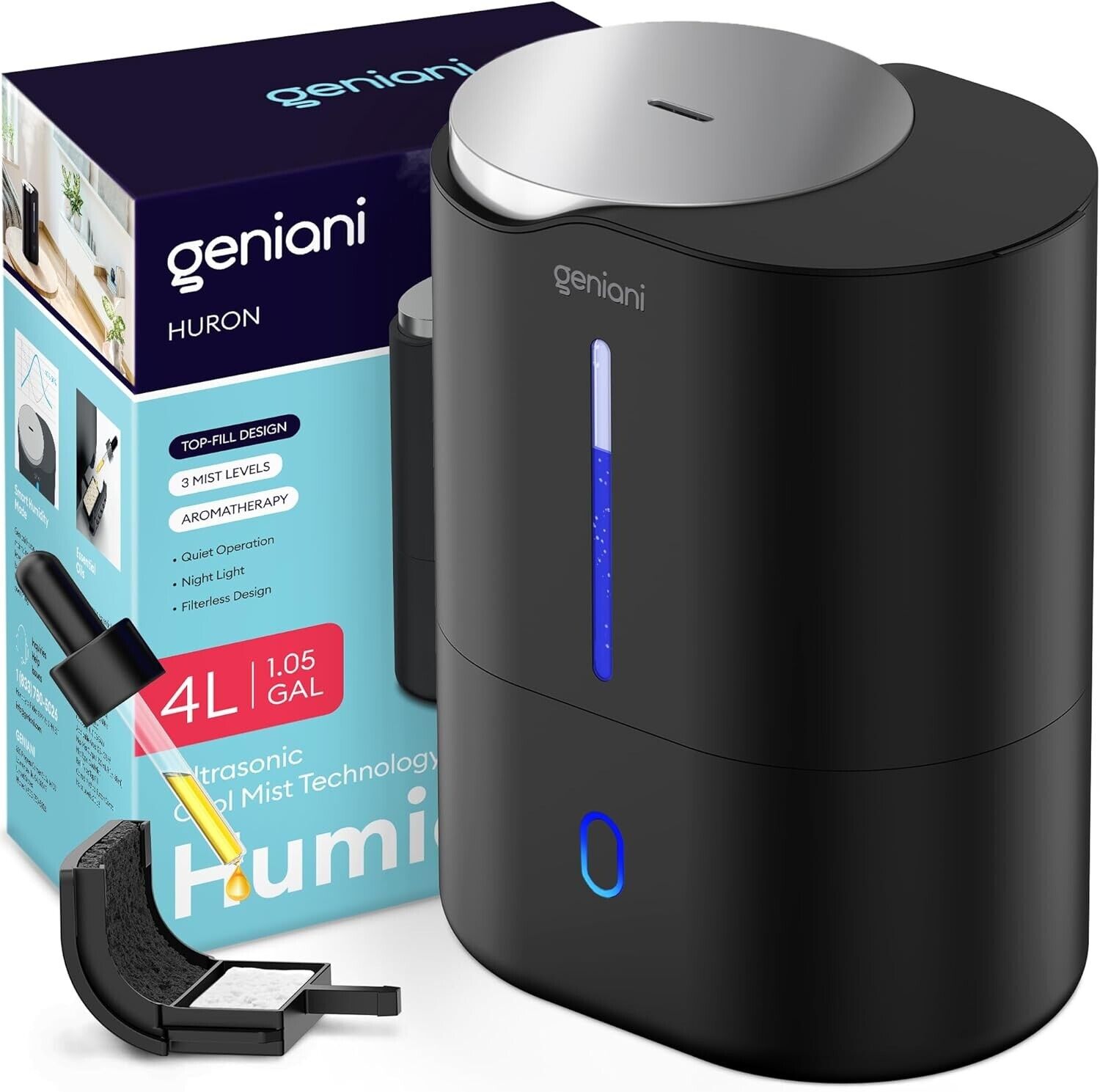 GENIANI Top Fill Humidifiers for Bedroom with Essential Oil Diffuser 4L (Black)