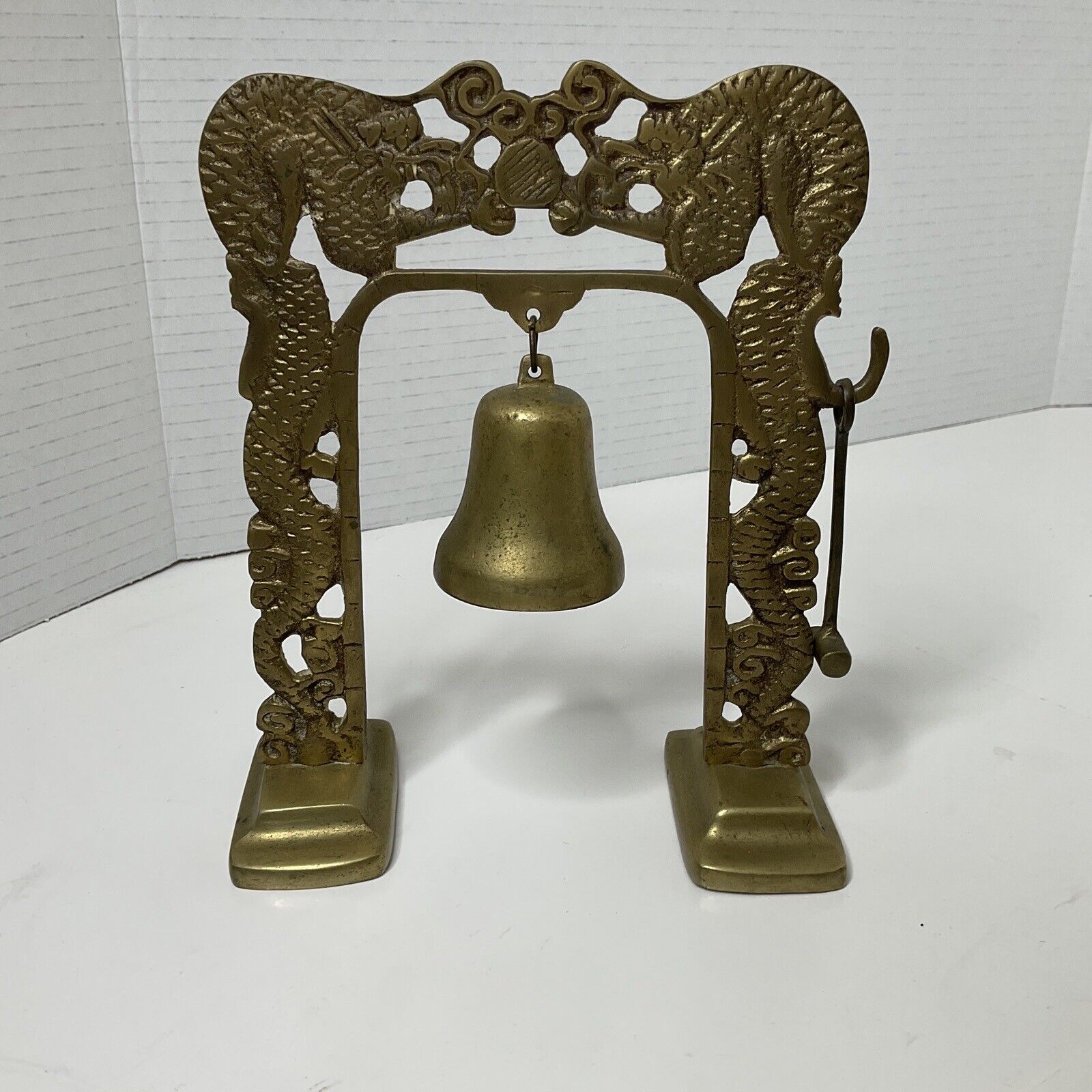 Vintage Double Dragon Brass Bell Hanging Hammer Striker Korea Chinese Oriental