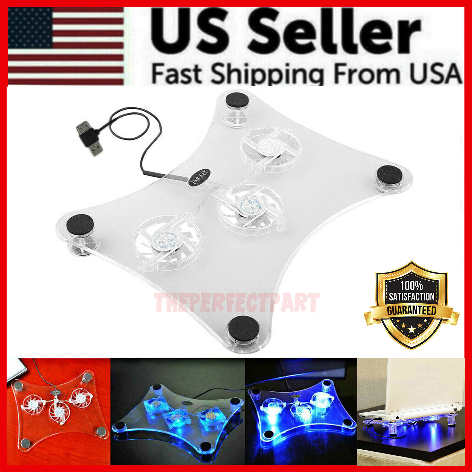 3 Fans USB Cooler Cooling Pad Stand LED Light Radiator For Laptop PC Notebook