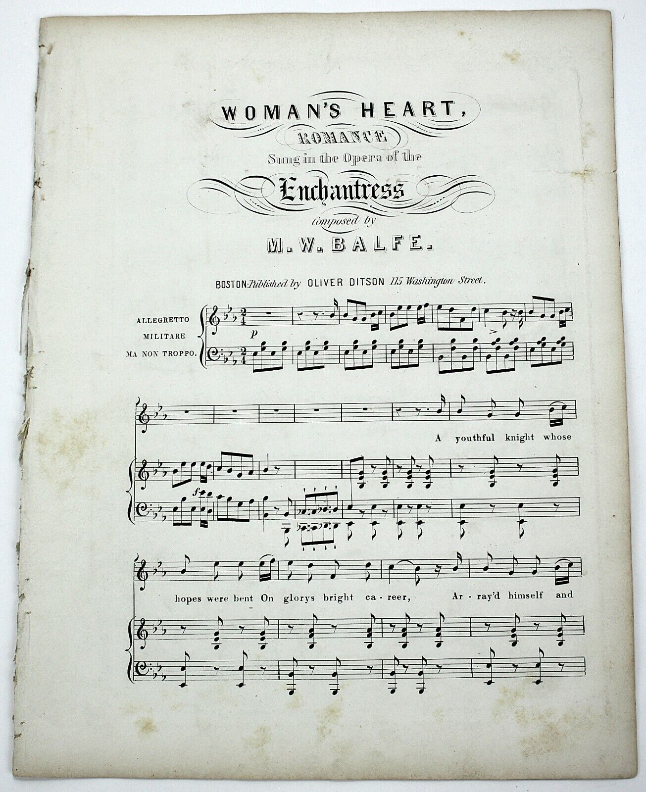 1850s WOMAN\'S HEART ROMANCE Sheet Music by M.W. Balfe for Piano Oliver Ditson