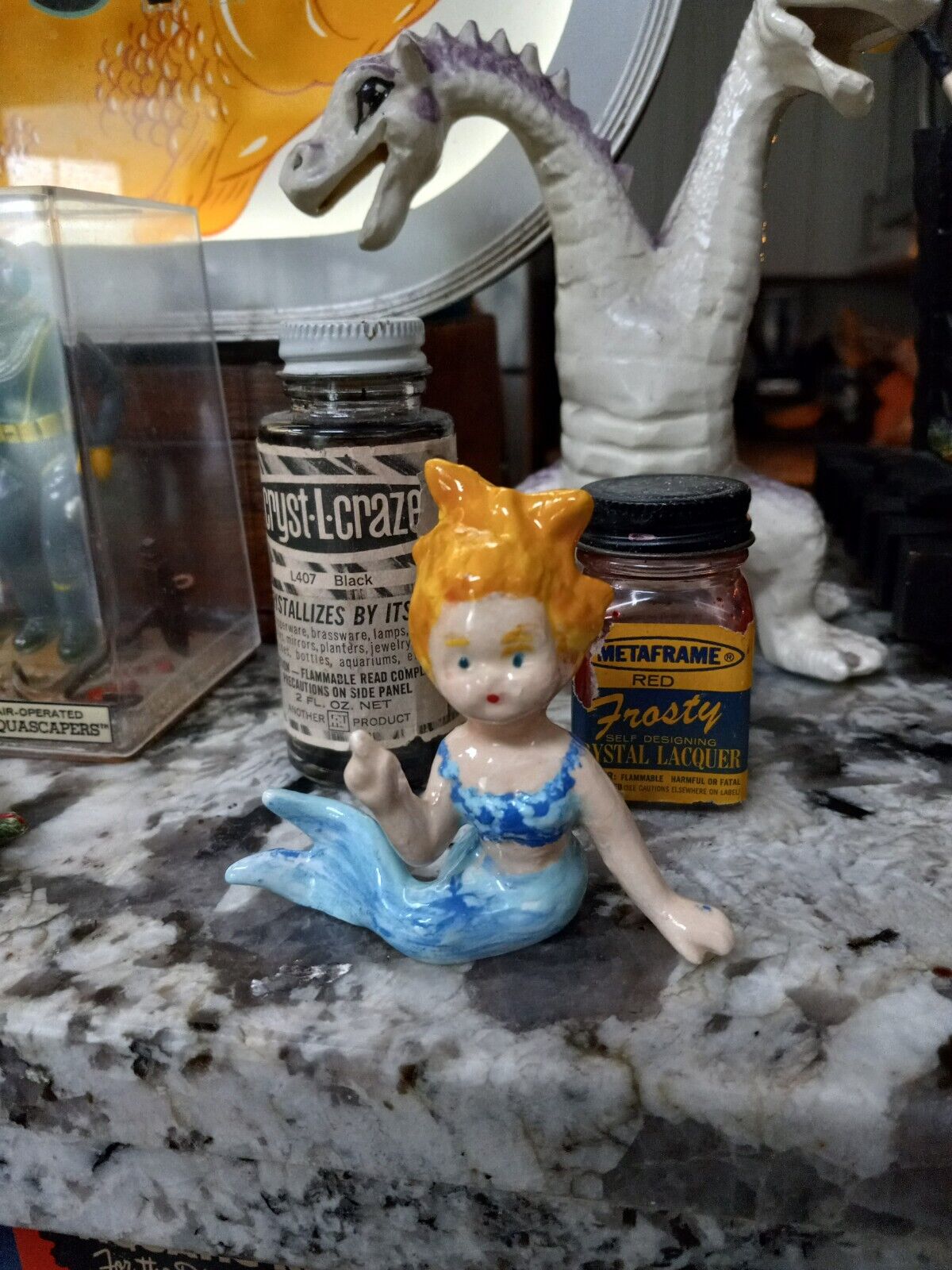 Vintage Old Antique Aquarium Ceramic Bisque Gorgeous Blond Haired Mermaid