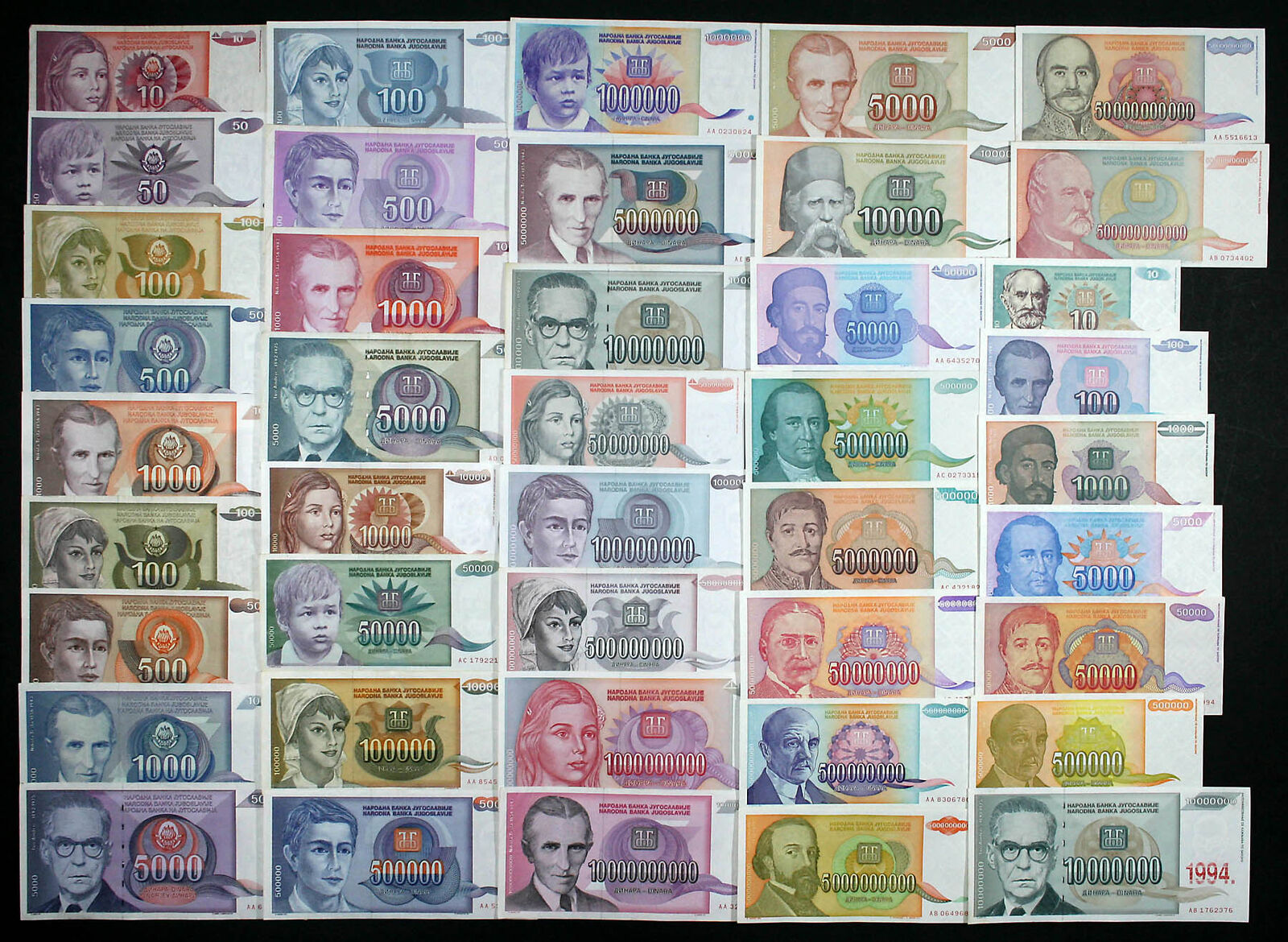 Yugoslavia COMPLETE HYPERINFLATION SET - 42 Banknotes 1990-1994 P103-P144 VF-AU