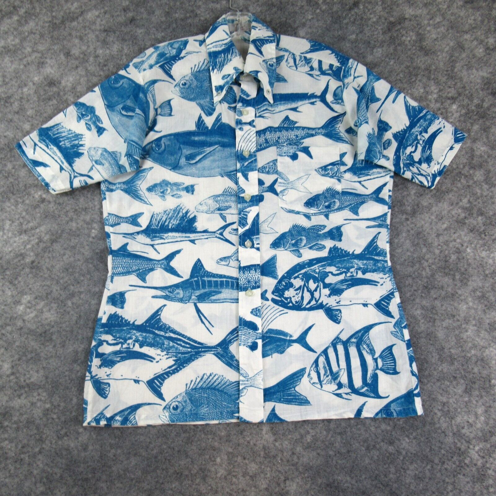 Vintage Jim Tillett Shirt Mens Medium White Blue Hawaiian Fish Short Sleeve