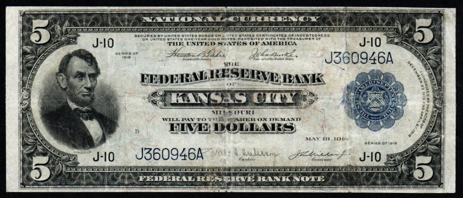 1918 $5 MID GRADE Federal Reserve Kansas City Bank Note
