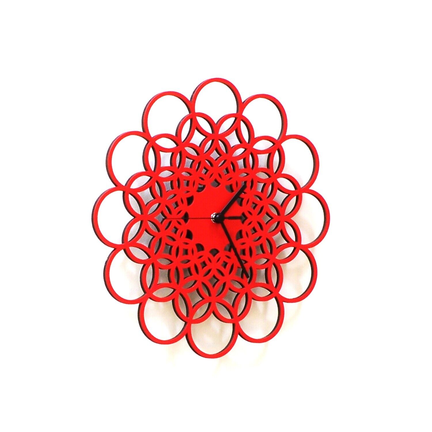 Handmade geometric wall clock with hand painted delicate dial - Rings red