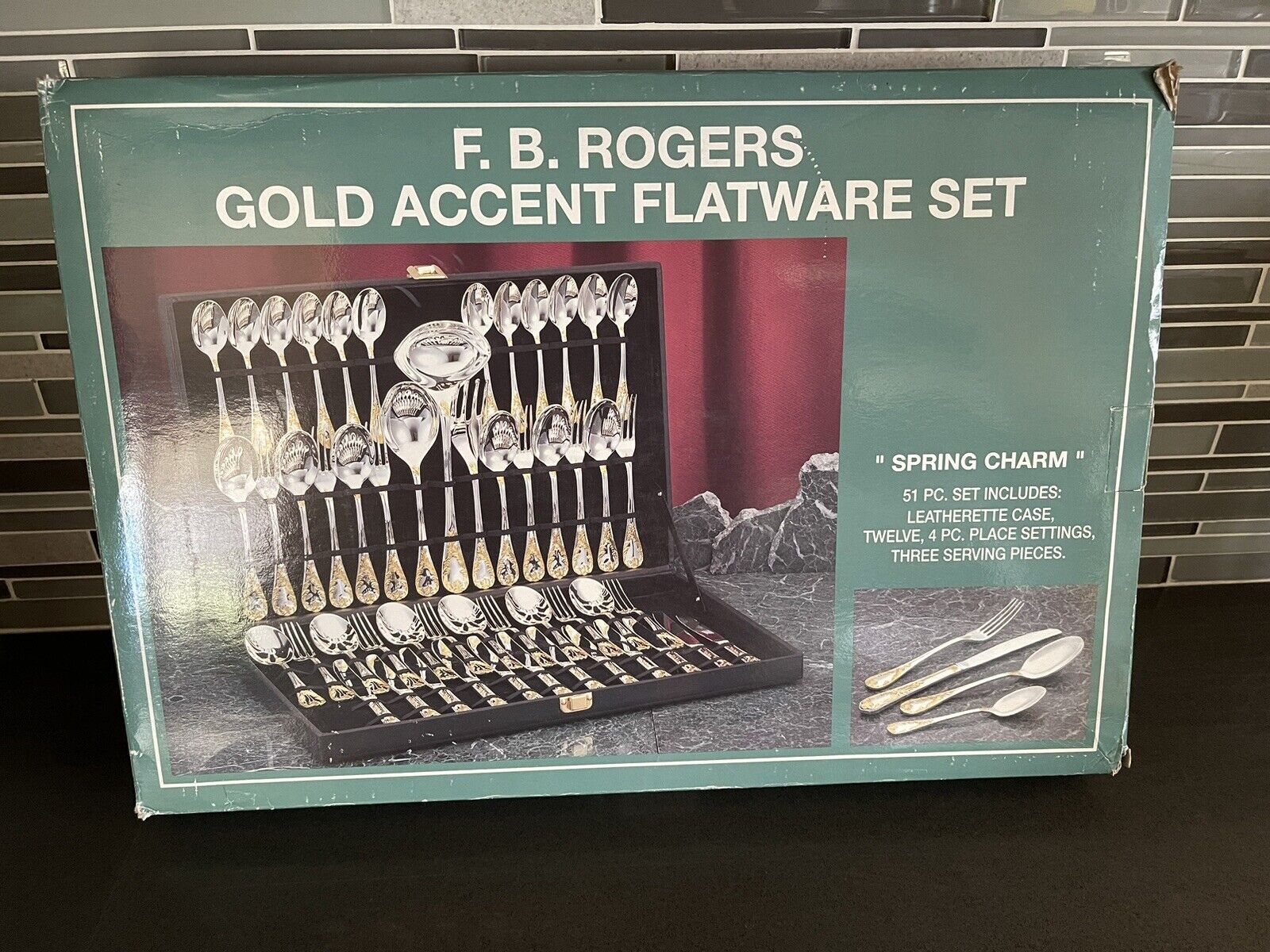 FB Rogers Golden Spring Charm Gold Accent Set 51 pc Flatware Set Service for 12