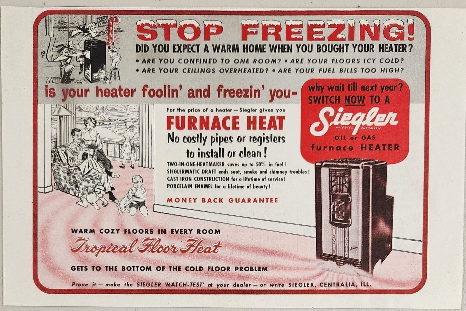 1953 Print Ad Siegler Oil or Gas Furnace Heaters Happy Family Centralia,Illinois