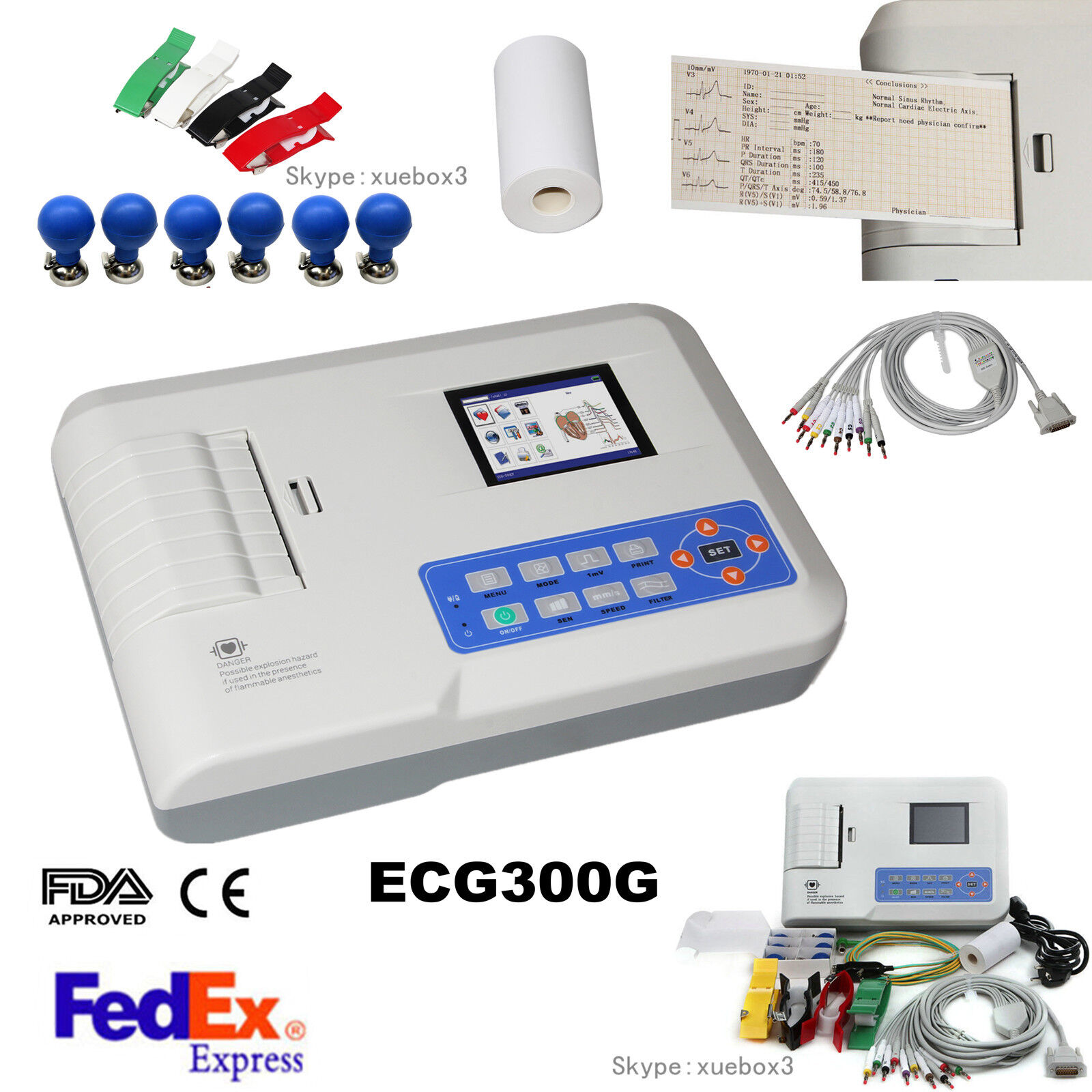 USA FDA 3 Channel ECG/ EKG machine portable Electrocardiograph printer+software 