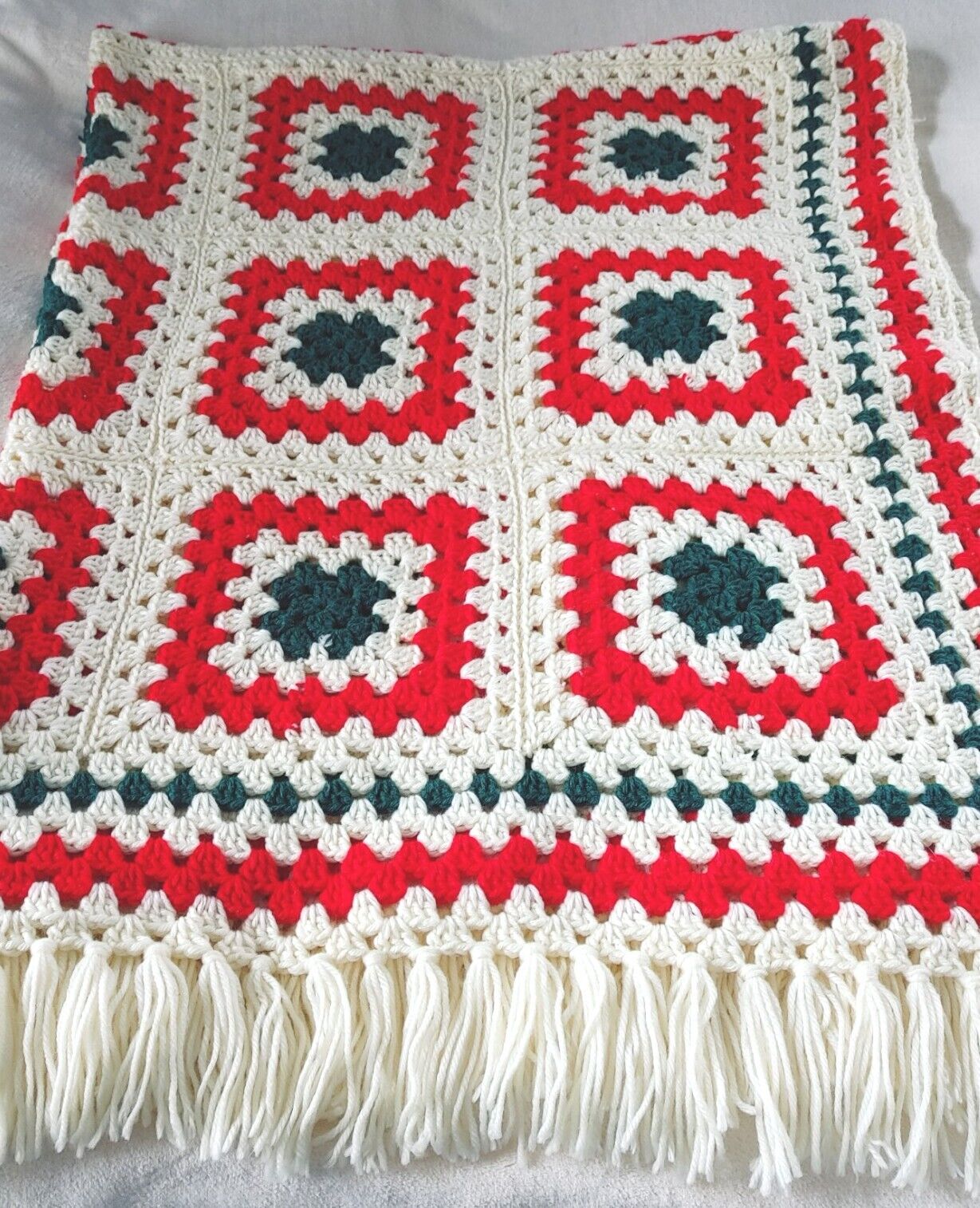 Vintage Crochet Granny Square Blanket Afghan With Tassels Red Green Ivory