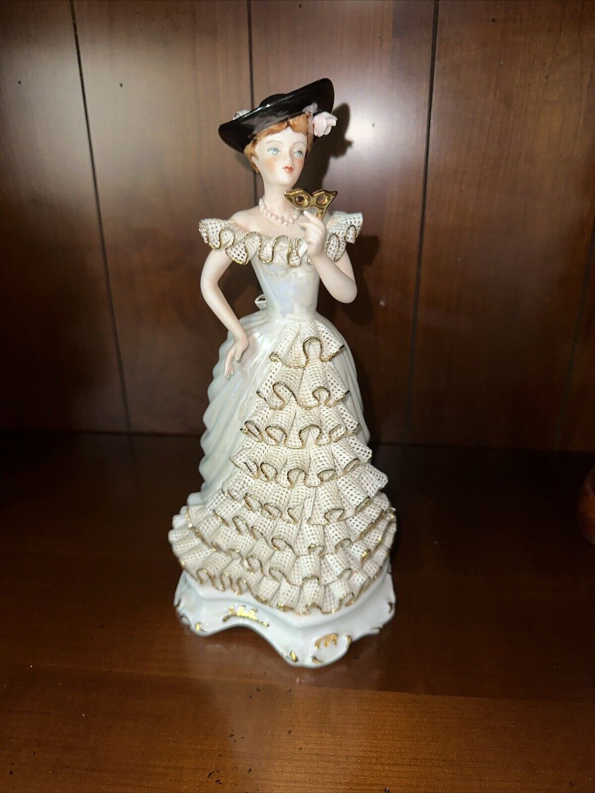 Vintage Dresden Lace Figurine Victorian Woman With A Mask - Germany 11 Inch