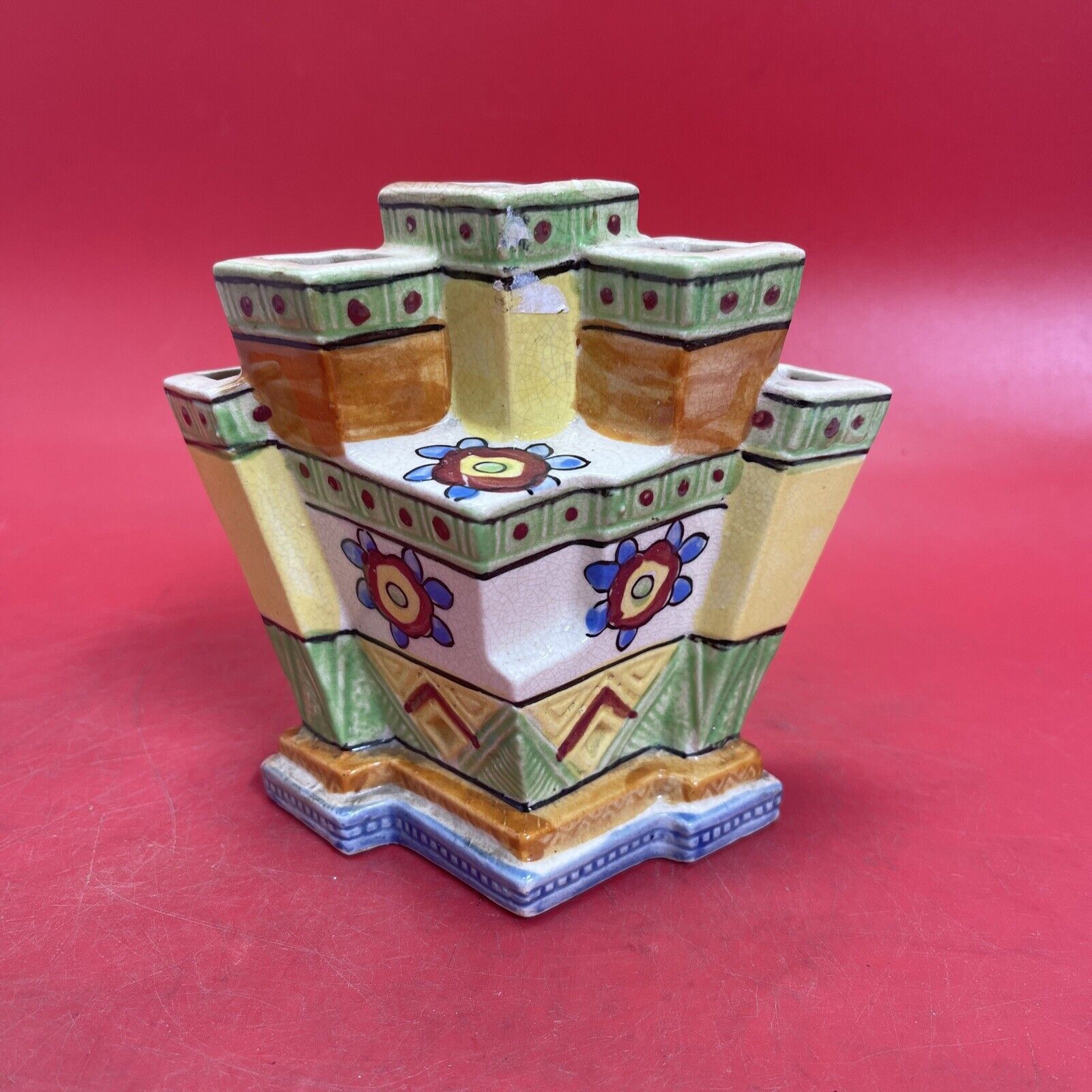 Vintage Art Deco Lusterware Geometric Handled Porcelain Vase Made In Japan 6.25”