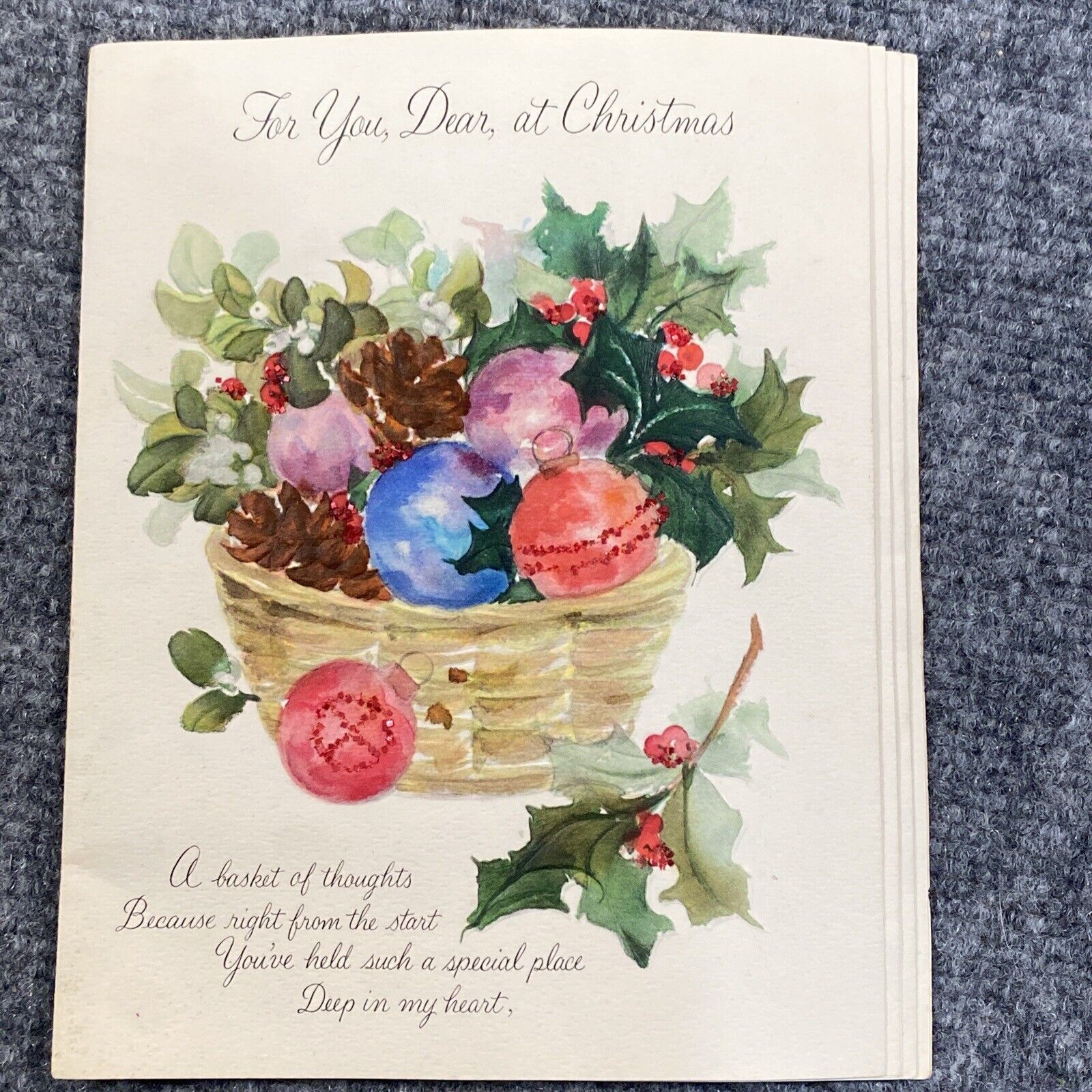 Vintage Greeting Card Christmas Dear 3D Popup Ornaments Holly Glitter Hallmark