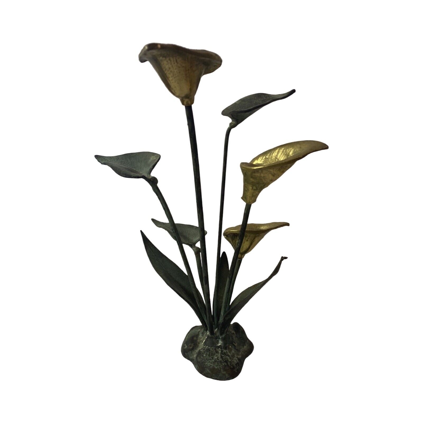 MCM Vintage Brass Copper Cala Lily Sculpture 1980s Table Leaves Floral Solid Art