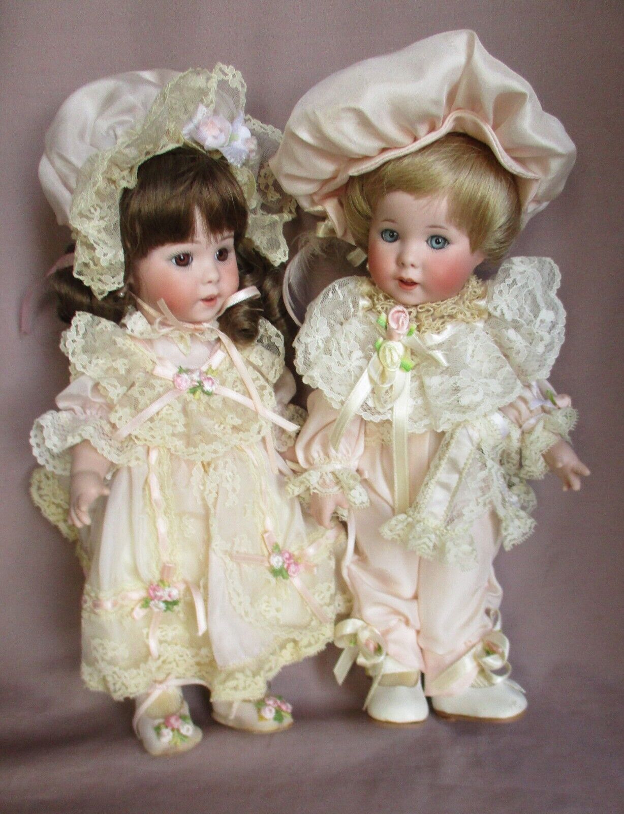 Adorable Pair Vintage 11” Porcelain Artist Repro French SFBJ 247 Dolls Dressed