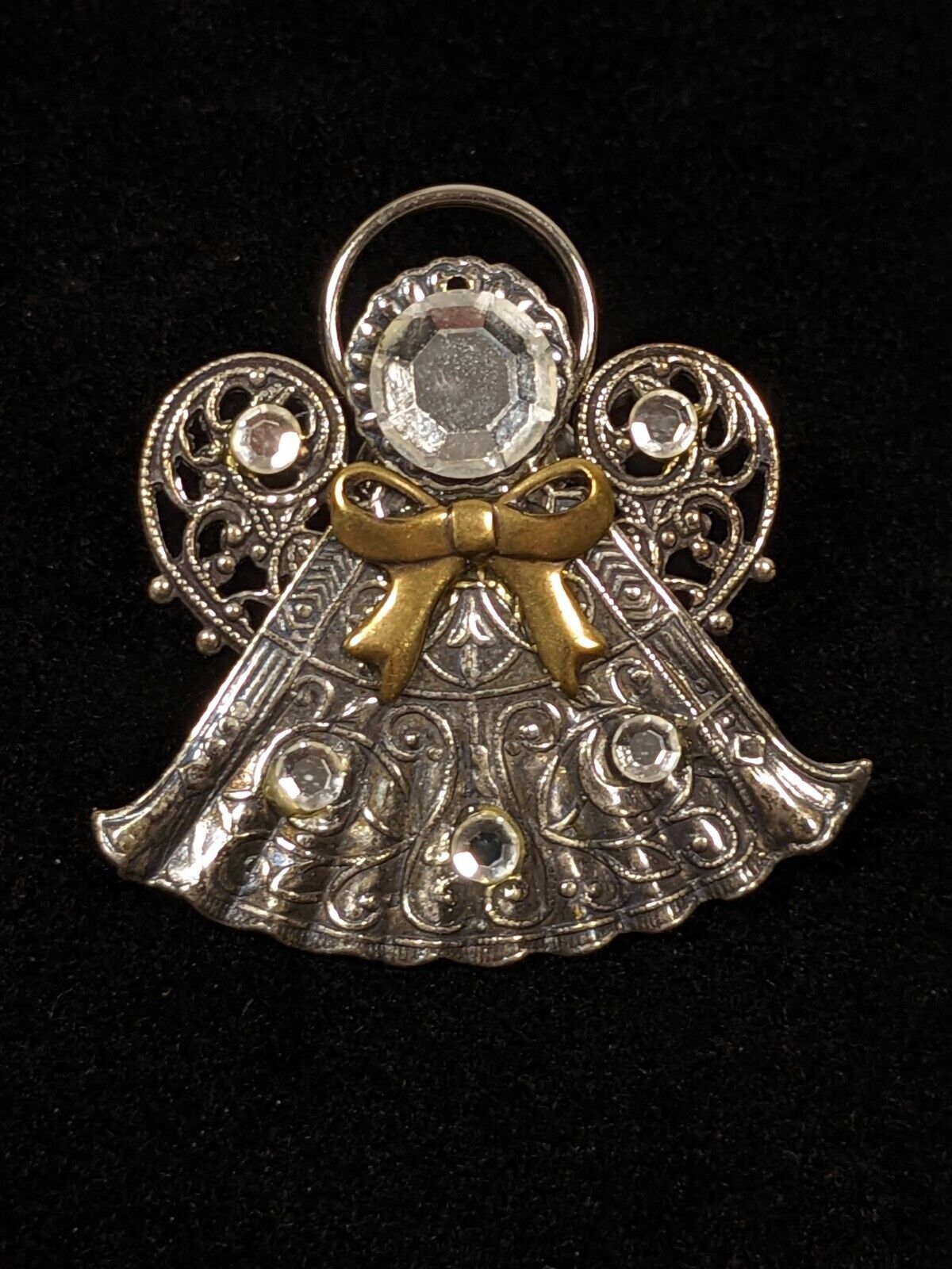 Vintage Two Tone Rhinestone Ornate Small Angel Pin Brooch