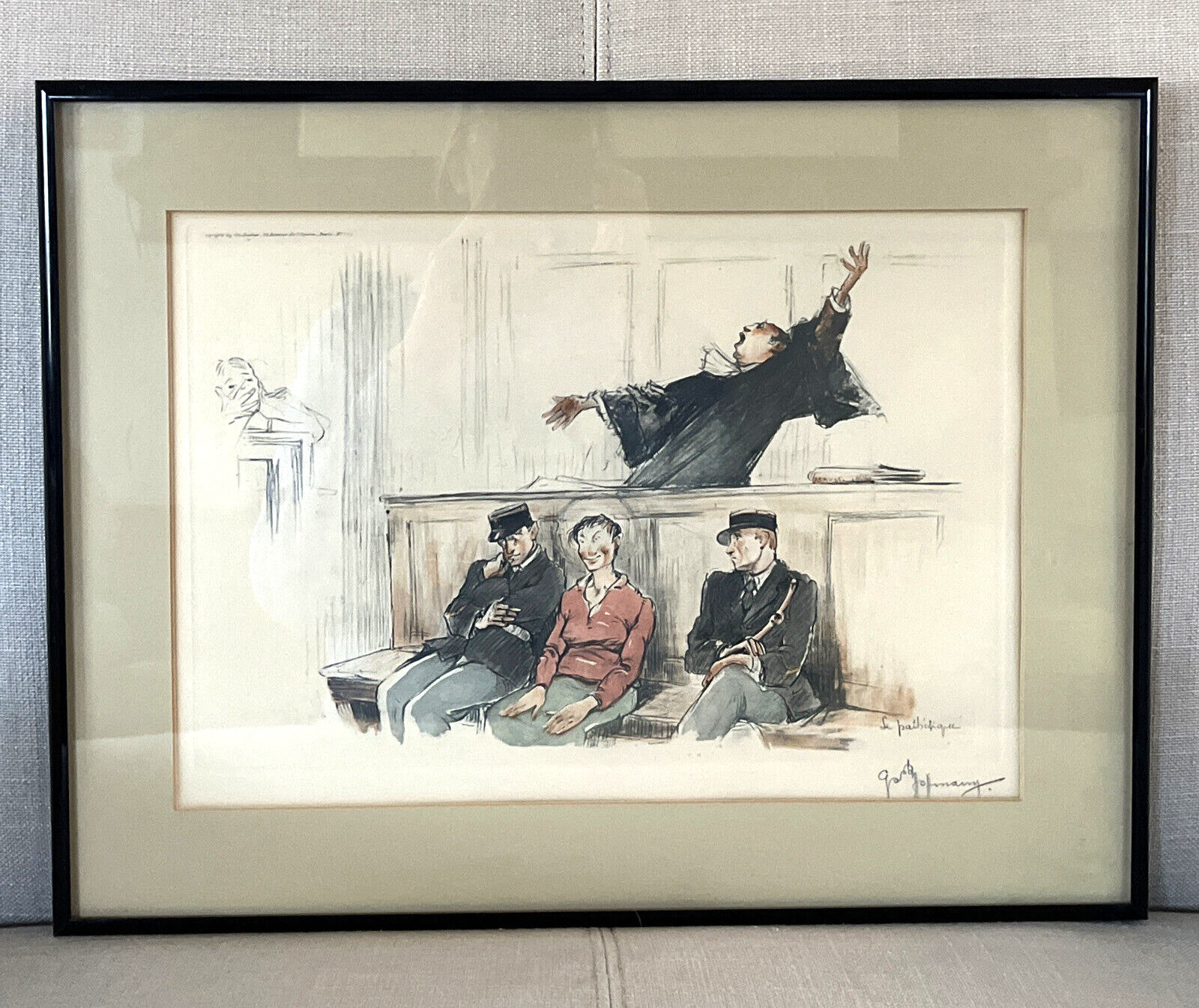 Vintage Gaston Hoffmann Signed French Satire Courtroom Le Pathetique Framed