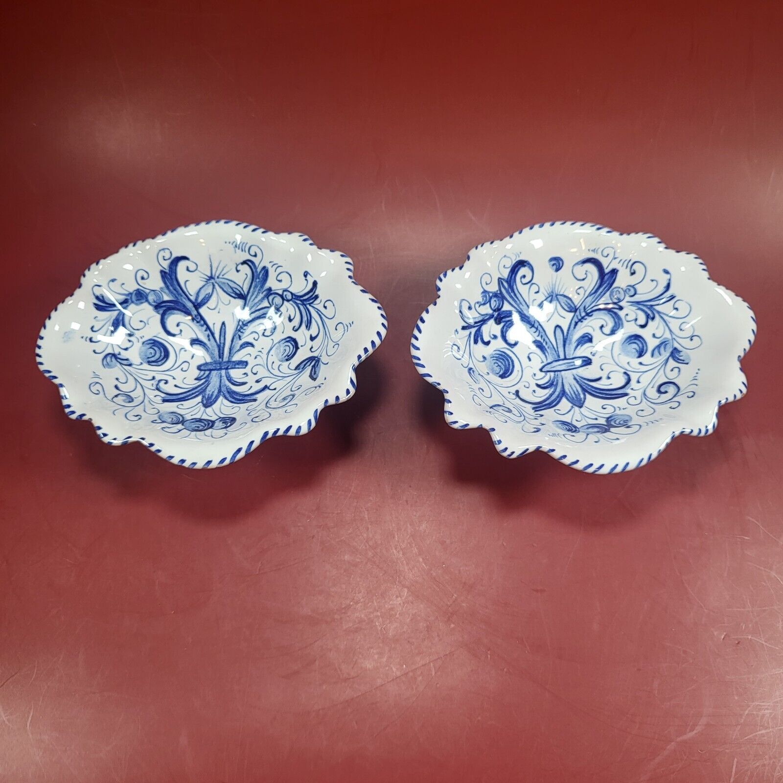 Deruta Majolica Maioliche Italy Soap Trinket Dish 2pc Blue White Floral Pottery