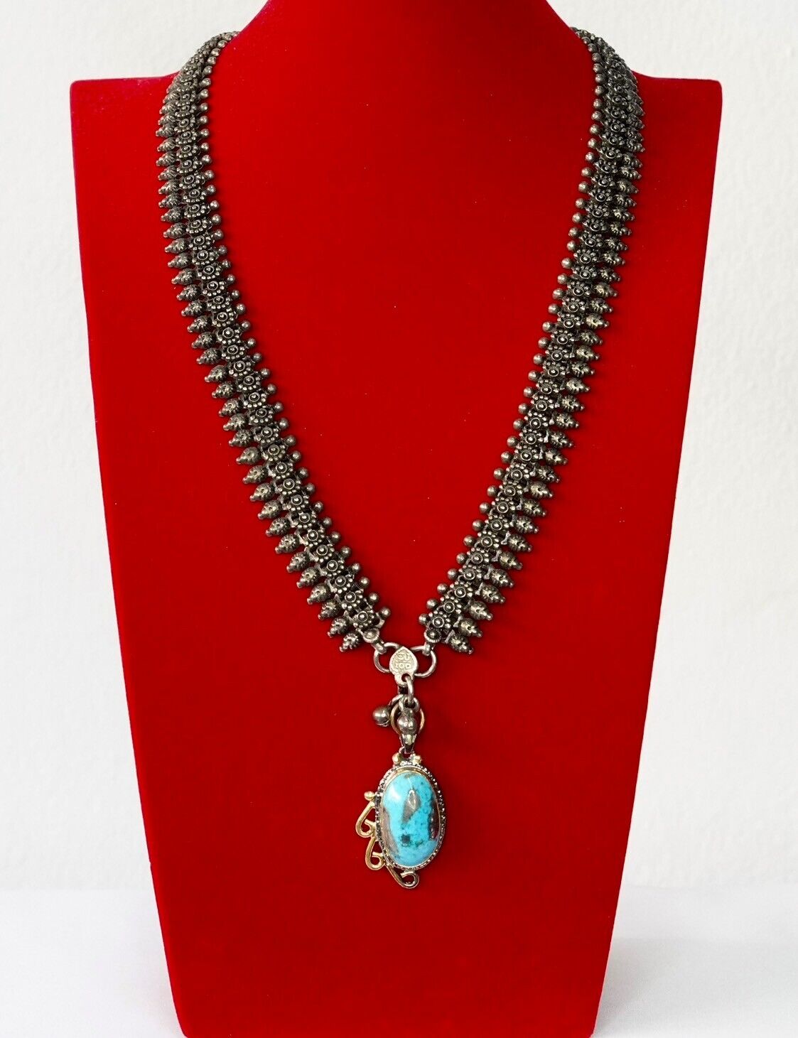 Vintage Sky Blue Cabochon Turquoise Pendant Handmade Antique Silver Necklace