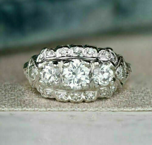 Vintage Three Stone 1.3Ctw White Round Moissanite Engagement 14K White Gold Ring