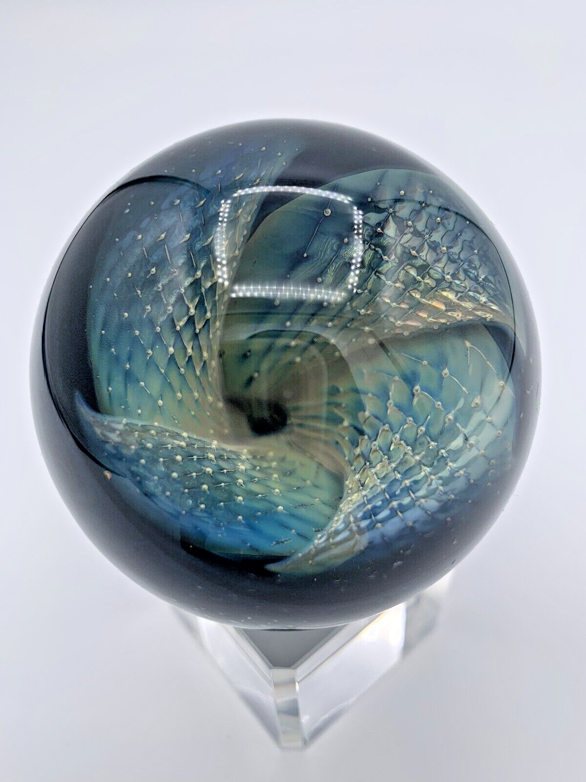 Melony Borosilicate Art Glass Marble 2.5” Fumed Dichroic Pattern Pinwheel Back