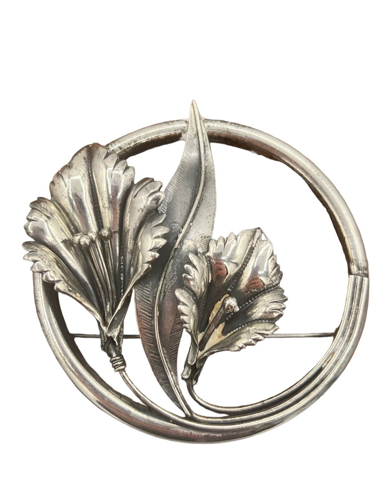 Large Art Nouveau Round 3d Flower Lily Leaf Brooch Pin 3” Marked Sterling
