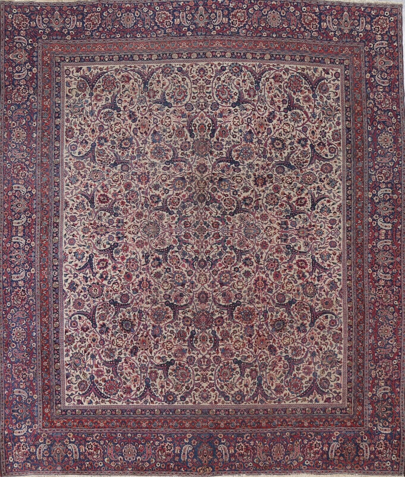 Pre-1900 ANTIQUE Ardakan Area Rug Vegetable Dye Hand-knotted Carpet Square 12x12