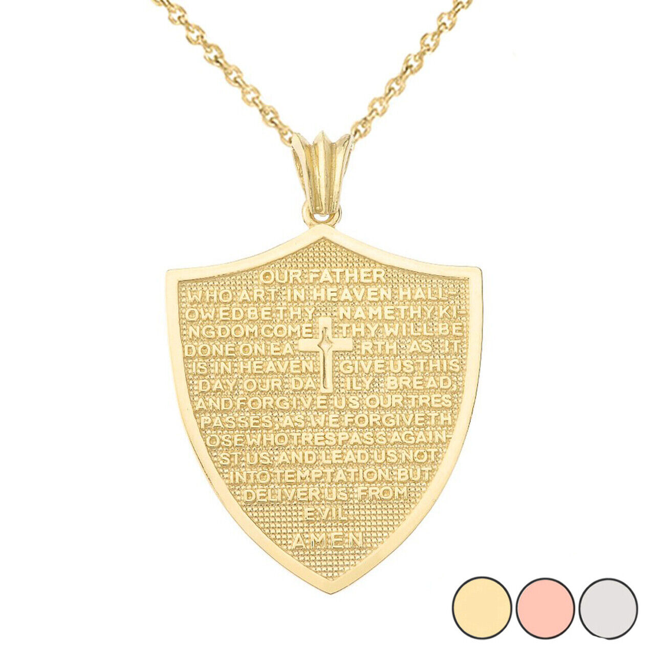 Solid Gold The Lord’s Prayer Shield Medallion Pendant Necklace