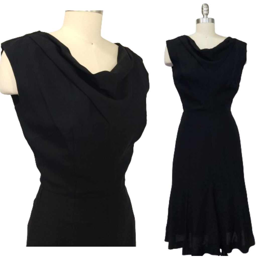 Vintage 1950s Black Dress Size S NOS Deadstock Crepe Old Hollywood Draped Neck