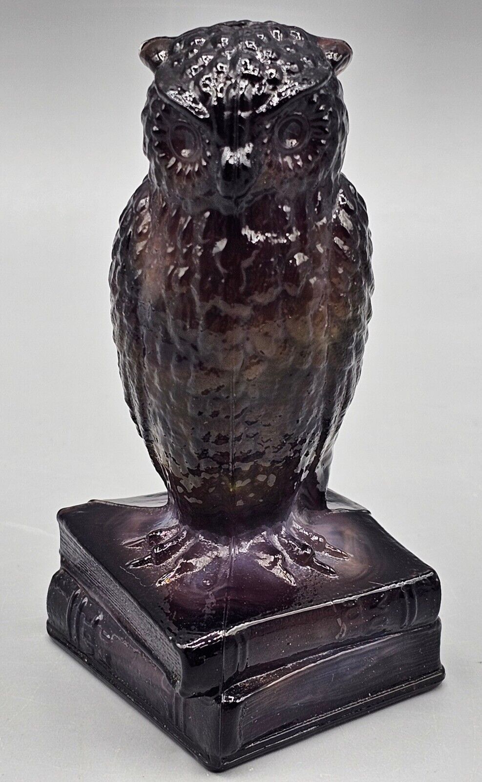 VTG Degenhart Glass Black & Brown Slag Swirl Wise Owl Books Figurine Paperweight
