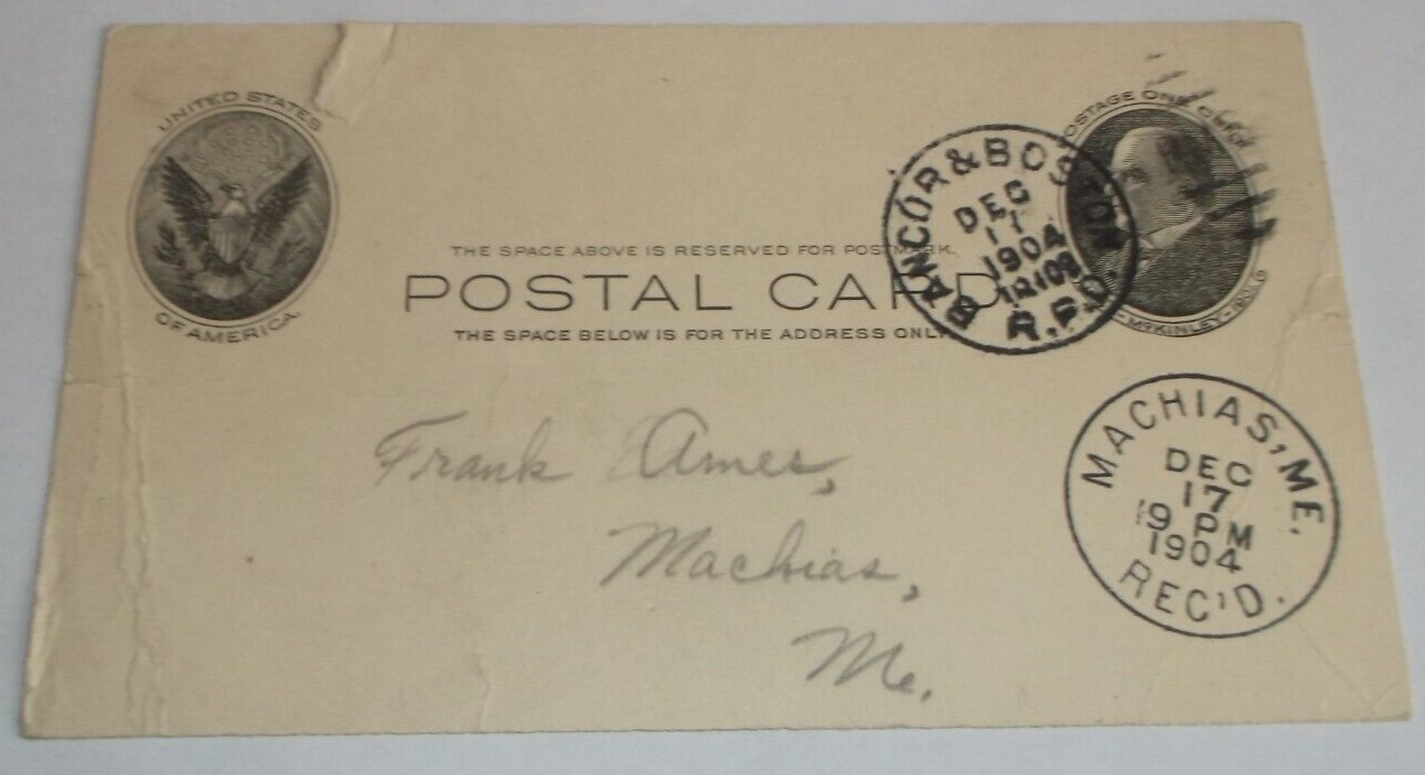 DECEMBER 1904 MAINE CENTRAL MEC BANGOR & BOSTON TRAIN #109 RPO HANDLED POST CARD