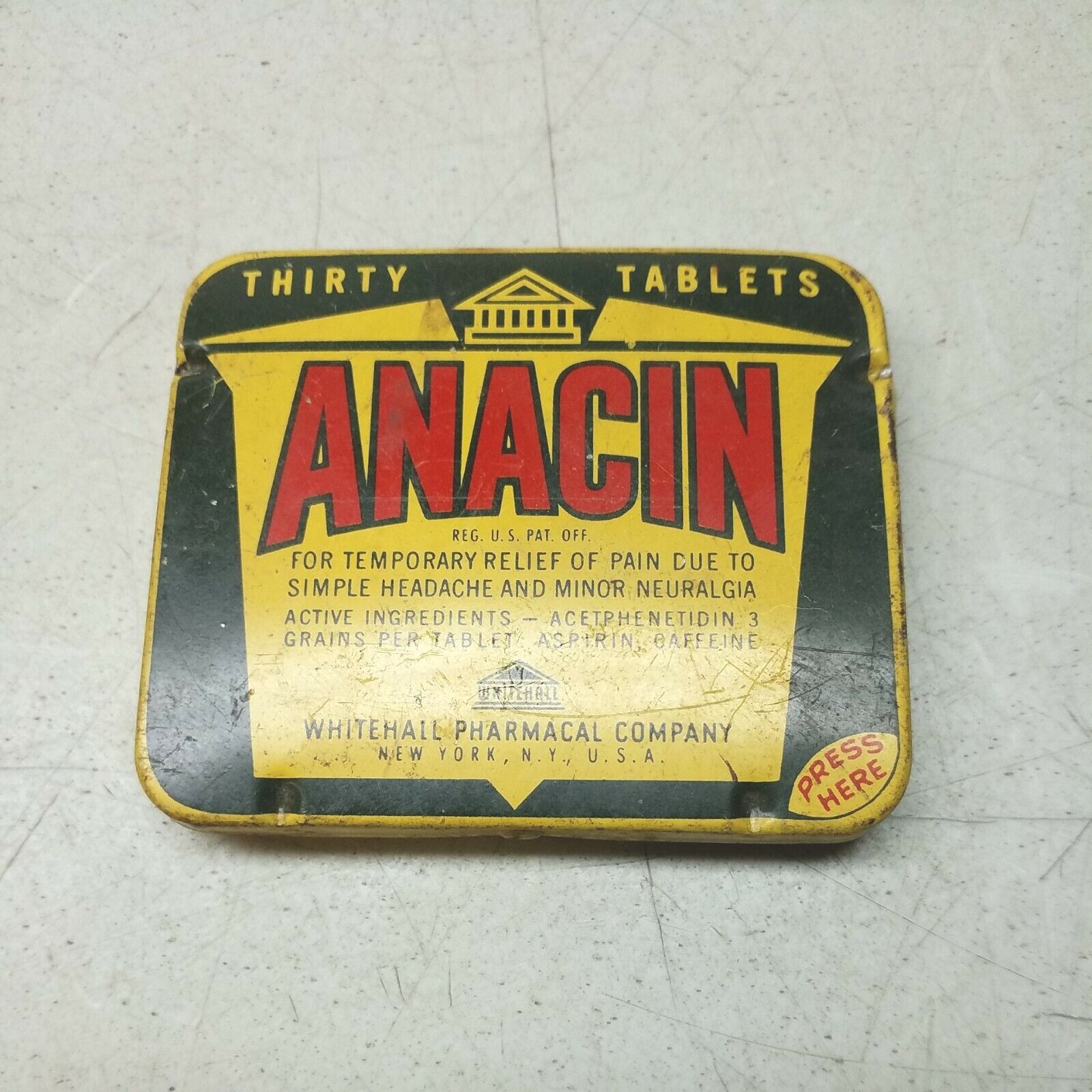 Vintage Anacin Aspirin Metal Tin Container Whitehall Pharmacal New York 30 Count