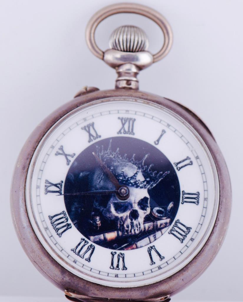 Antique Gothic MEMENTO MORI Silver Pocket Watch-Fancy Enamel Skull Dial c1890s
