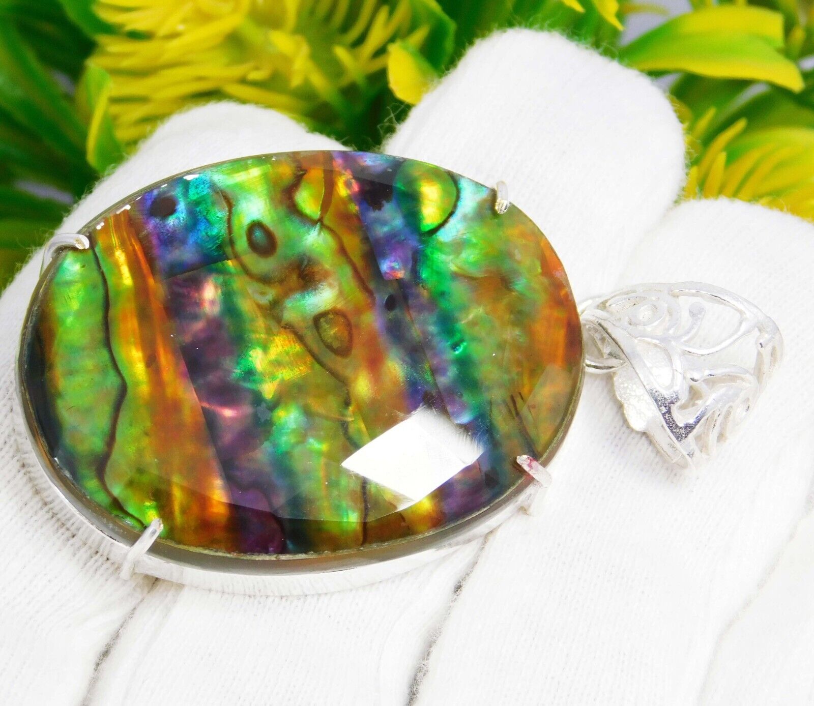 94.40 Ct Natural Ammolite Pendant 925 Solid Silver Oval Cut Loose Gemstone