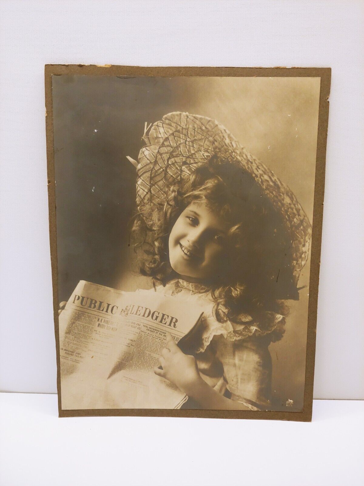 Antique Large Photograph 16x12 Girl Reading Public Ledger Newspaper W&Co #5016