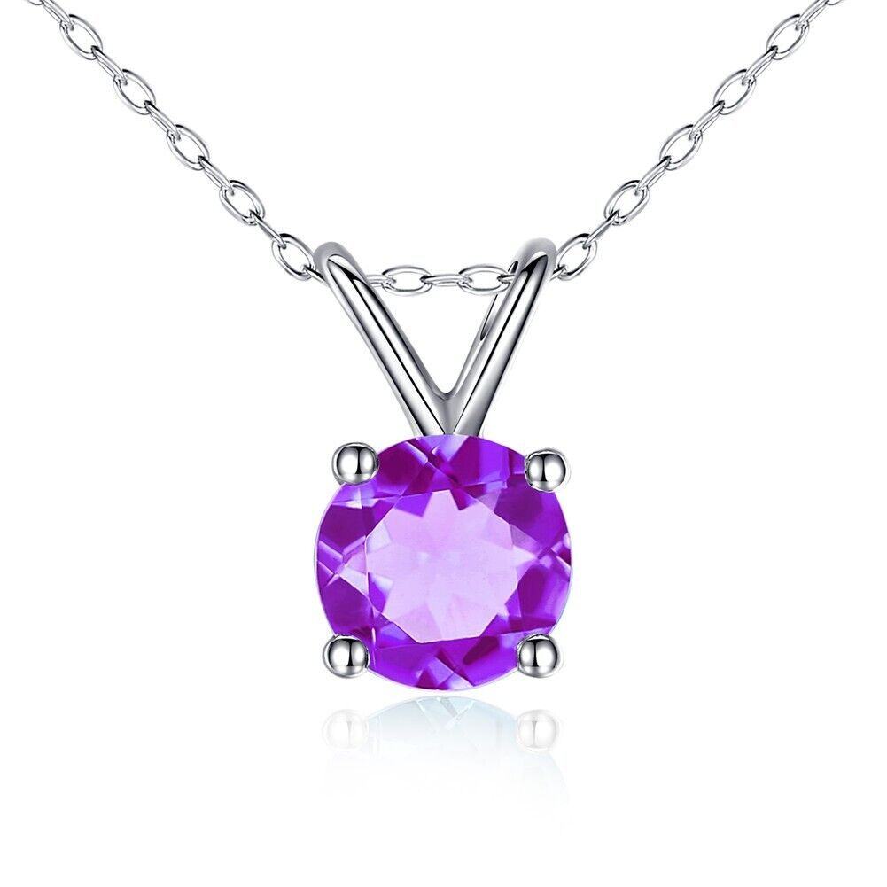 14K Solid White Gold 0.80 CTTW Round Cut 6mm Natural Genuine Amethyst Pendant