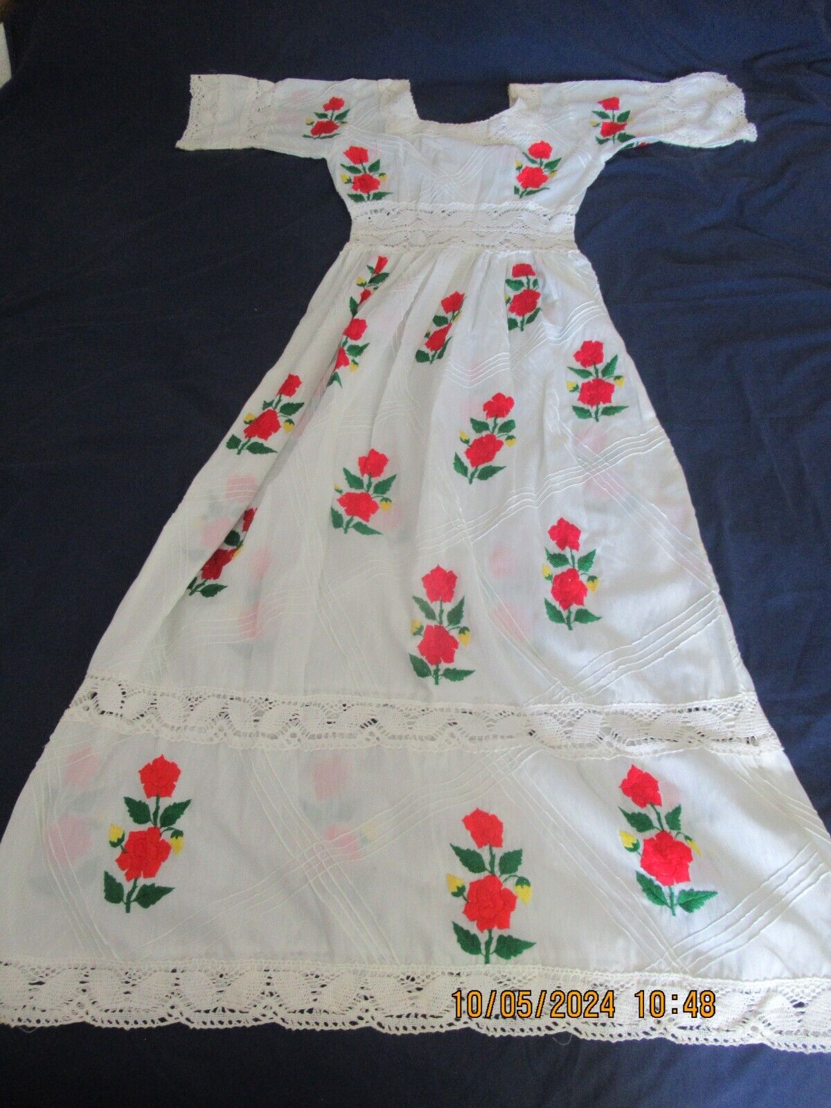 Vintage BOHO Peasant Dress Long Hand Embroidered Florals \