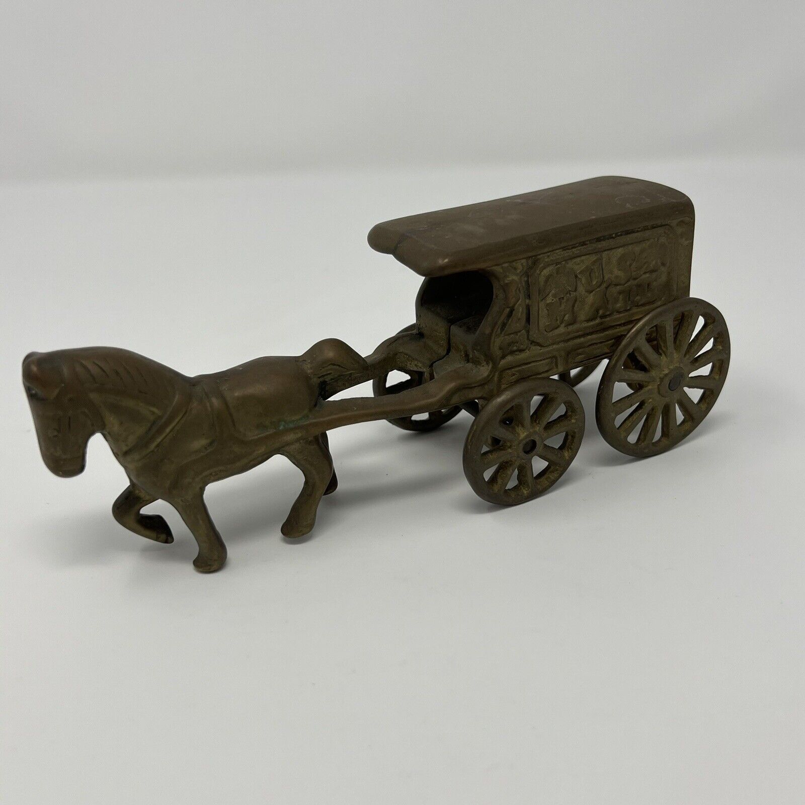 Vintage Brass Horse and Buggy Carriage USA mail Patina