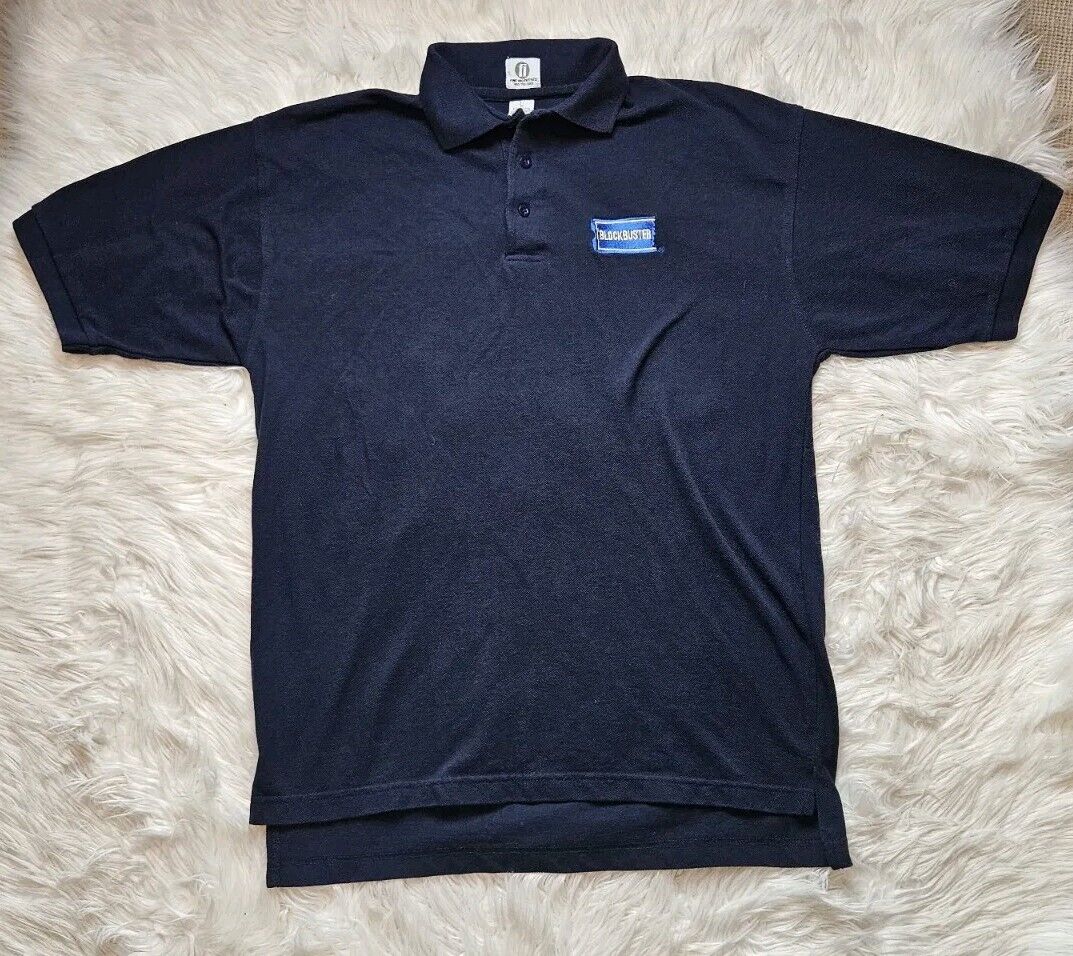 Vintage Blockbuster Employee Polo Shirt Embroidered Size Large Navy Blue